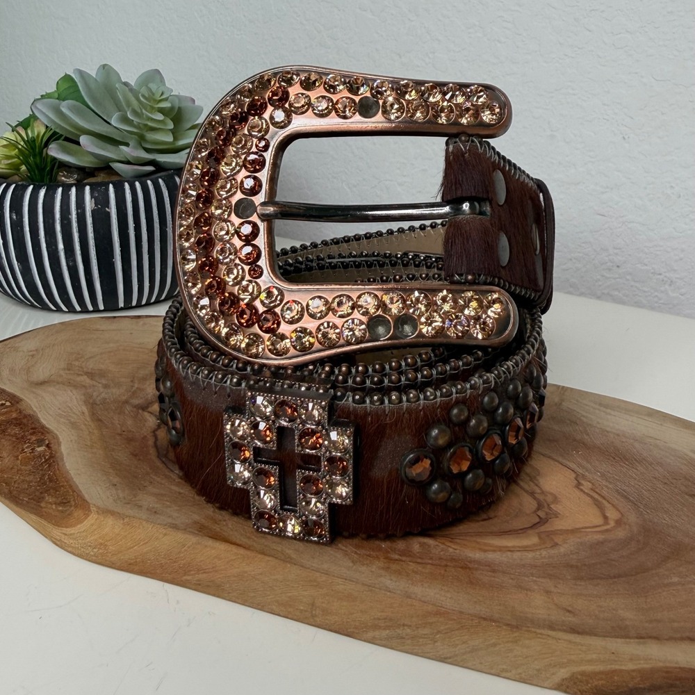 B.B. Simon ZAFIRAH Belt Brown Swarovski Crystal Studded Pony Hair Western 36"